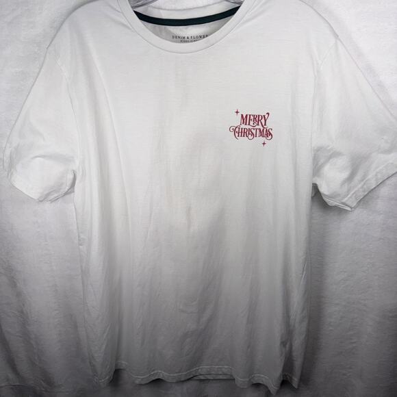 DENIM & FLOWER•Ricky Singh Sz Large White Tee w/Red Vintage-like Christmas Toast - Picture 3 of 7